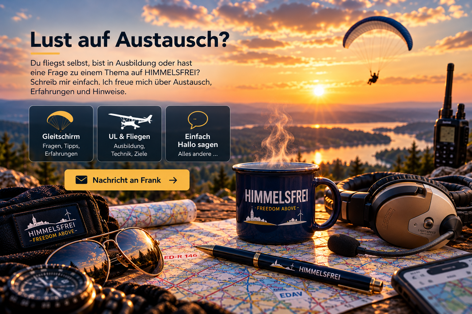 HIMMELSFREI Aviation-Stillleben mit Gleitschirm, dampfender Tasse, ICAO-Karte, Delta-Zulu-Headset und Flugausrüstung